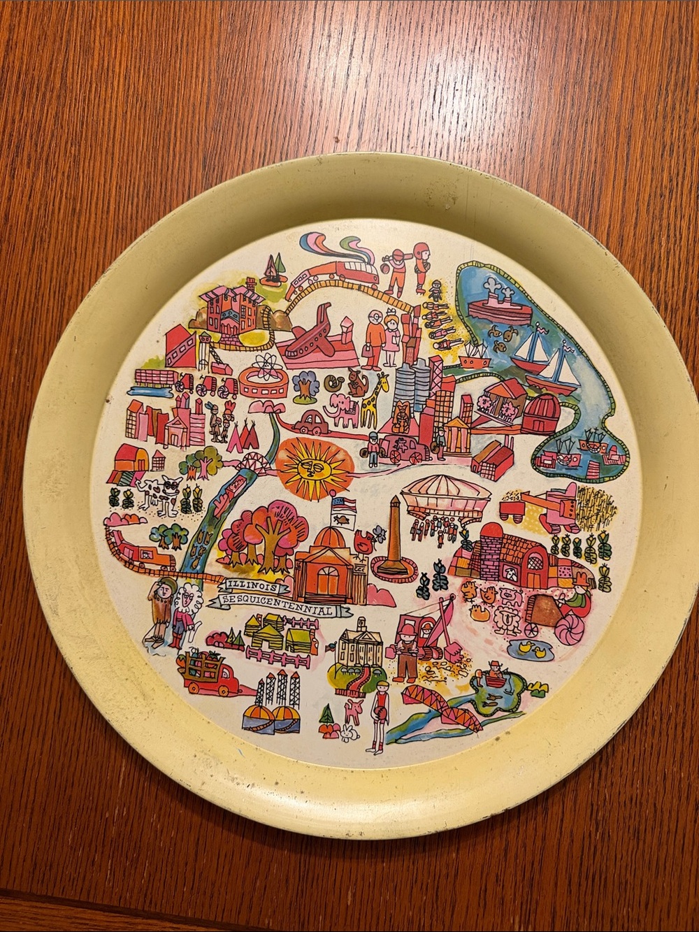 Yellow Rim Decorative Ceramic Wall Plate with Colorful City Illustration
